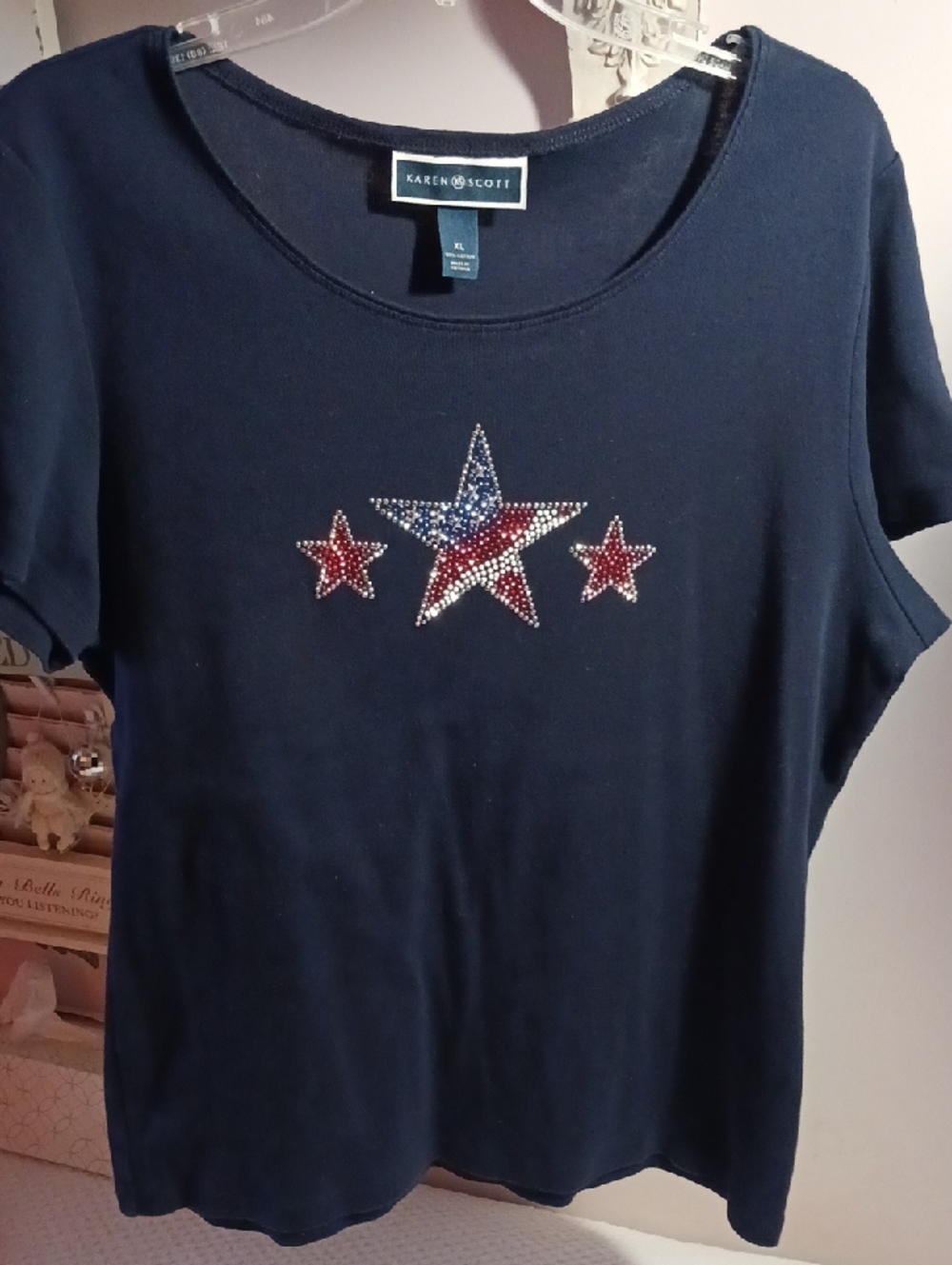 Gorgeous! Karen Scott Navy Short Sleeve Tee with Rhinestone Stars ⭐️